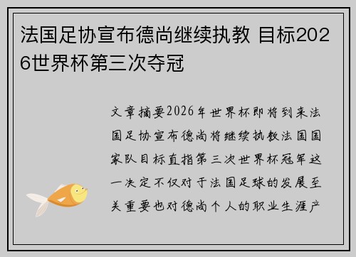 法国足协宣布德尚继续执教 目标2026世界杯第三次夺冠